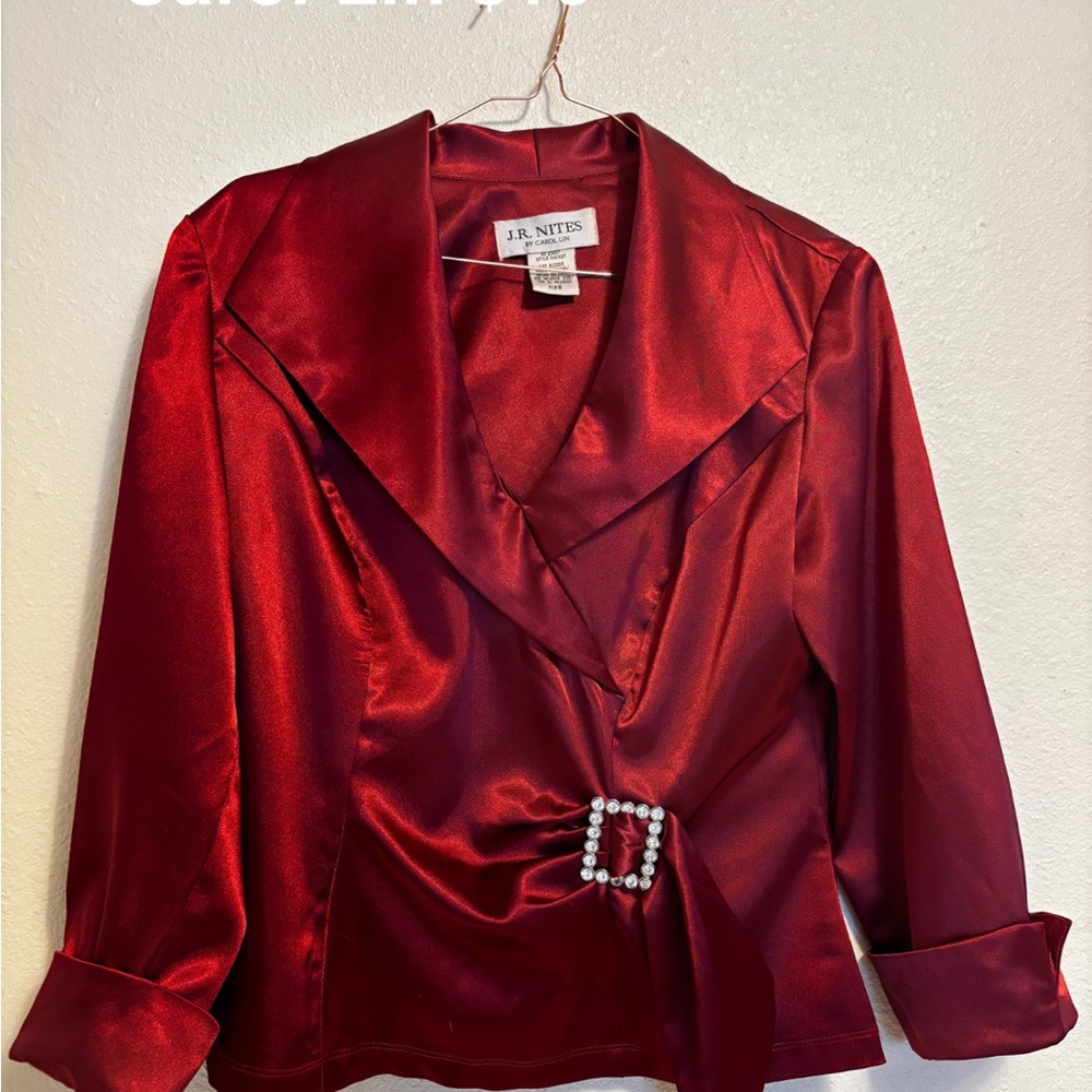 J.R. Nites Red Satin Blazer with Pearl Buckle